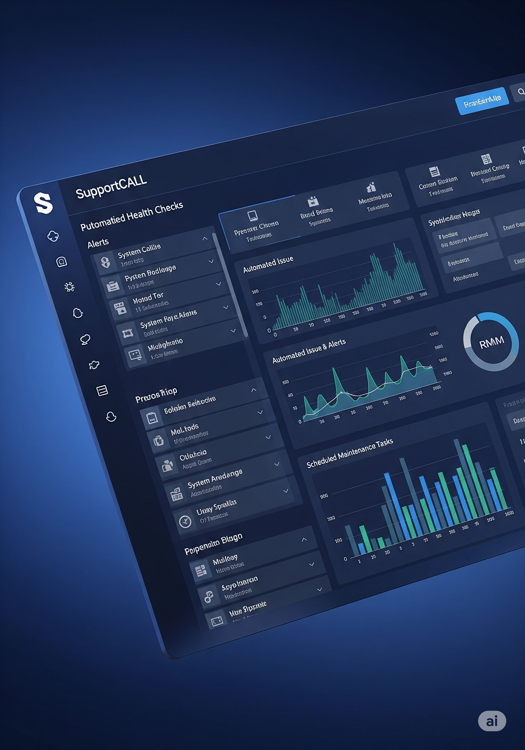 SupportCALL RMM process diagram illustrating continuous monitoring, alerts, and resolution